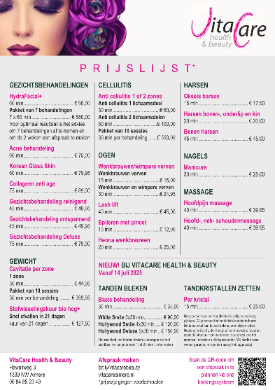 prijzen schoonheidssalon almere vitacare health & beauty 